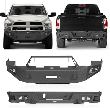 u-Box 2009 Ram 1500 Bumper Front and Rear Bumpers Kit w/Winch Plate for Dodge Ram 1500 2009 2010 2011 2012 Pickup Trucks Steel Bumpers Combo w/LED Lights