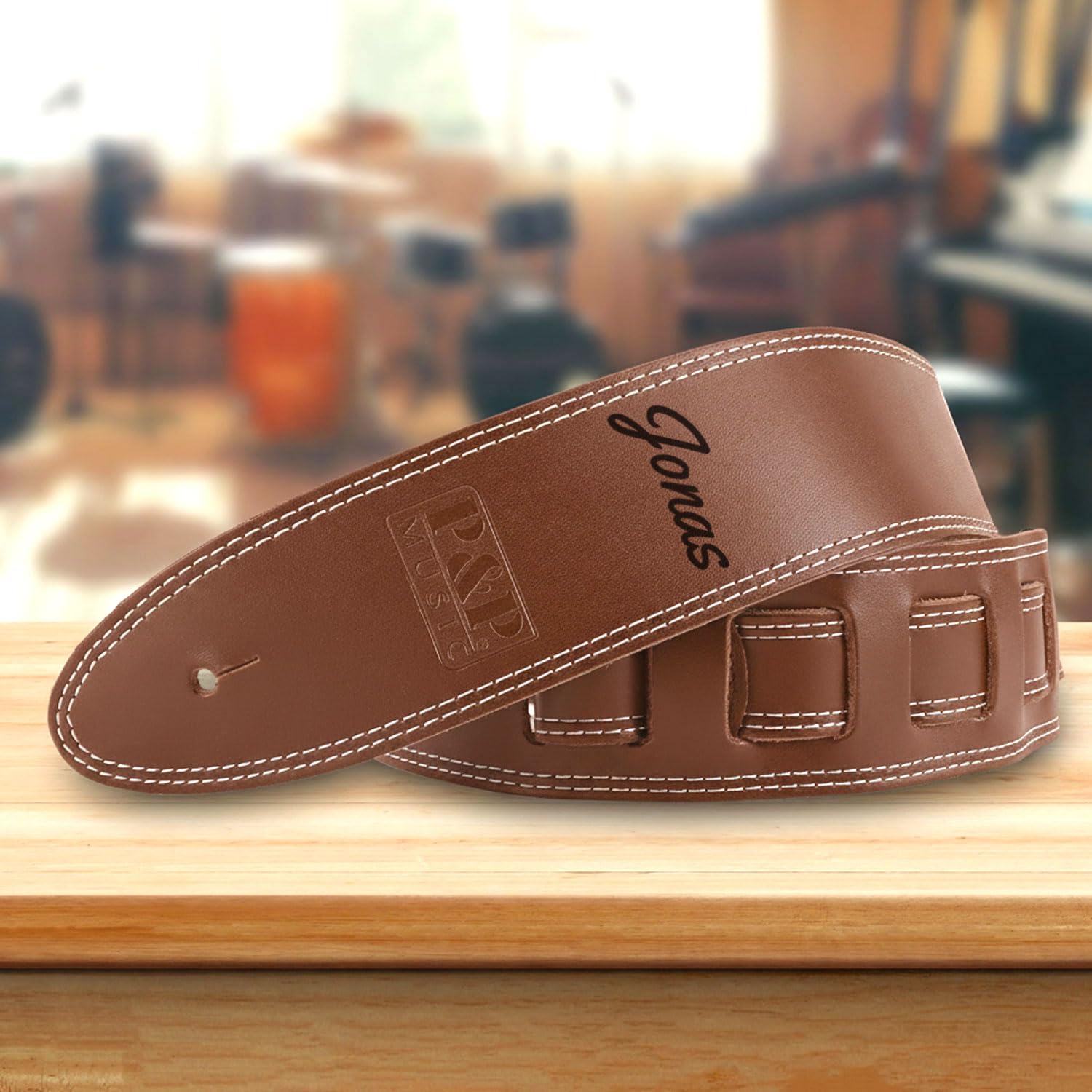 keepdrum Correa para guitarra de piel auténtica marrón con grabado personalizado