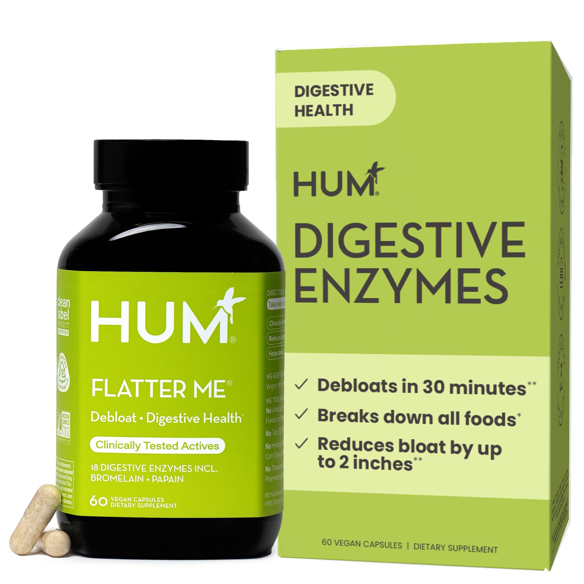 HUMFlatter Me Digestive Enzymes for Women & Men, Digestive Health Bloating Supplement with Ginger & Peppermint Leaf, Fast Acting Anti Bloat Pills Multi Enzyme for Debloating, Vegan, 60 Capsules