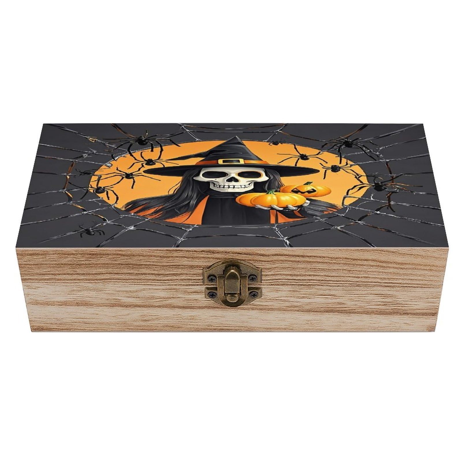 VstaDank Skeleton Spider Web Wooden Storage Box Decorative Jewelry Case with Lids Exquisite Wood Box Letters Gifts Acacia Wood Boxes Fashion Wooden Keepsake Boxes for Men Women