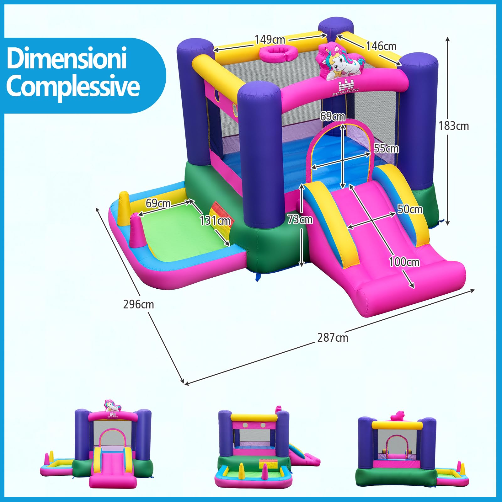COSTWAY Castello Gonfiable 6 in 1 per Bambini con Scivolo, Castello Gonfiabile con Trampolino, Piscina e Canestro Basket, Gioco Gonfiabile da Interno ed Esterno, per Bambini da 3 a 12 Anni