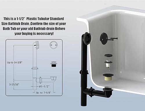 Miniatura 2 de Artiwell Kit de drenaje tubular de baño negro de 1-12 pulgadas con tapón de drenaje de baño en punta, drenaje de bañera táctil, desagüe de bañera