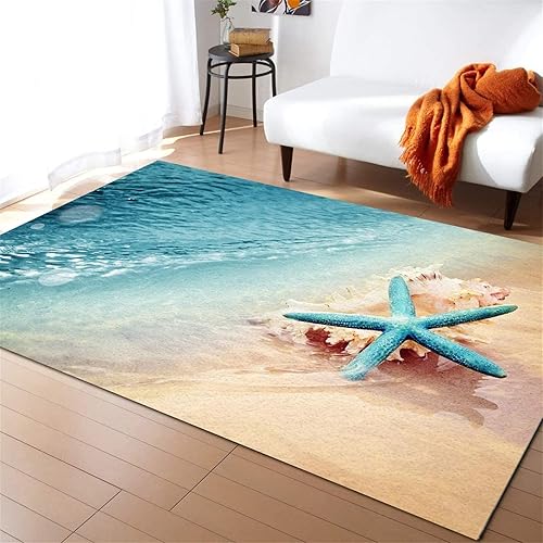 Alfombra antideslizante con estampado de océano azul, 5 x 8 pies, con estampado de playa y mar, con vista al mar, decoración moderna para sala de