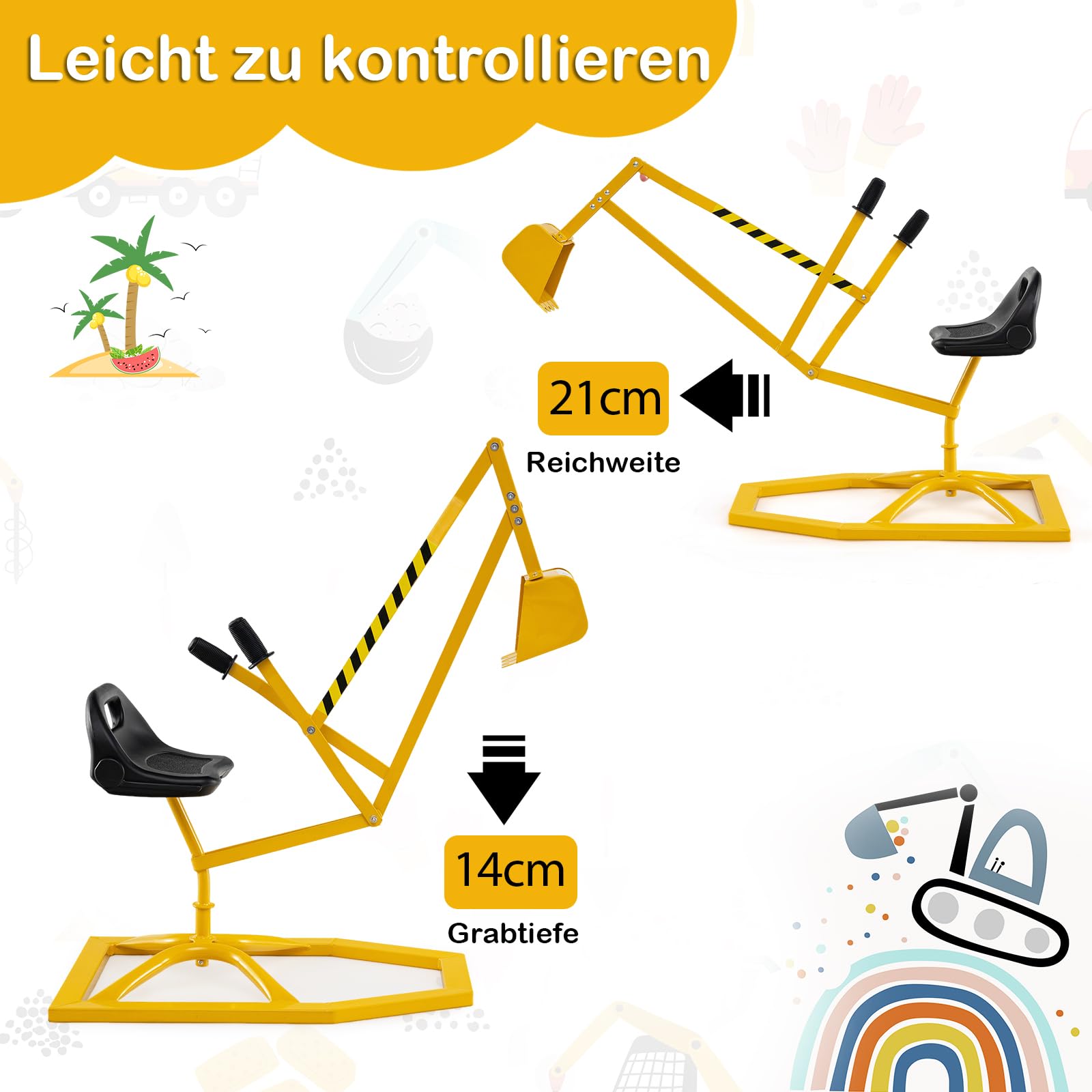 DREAMADE Kinder Bagger für Sandkasten, Metall-Aufsitzbagger mit 360° drehbarem Sitz, Flexibler Schaufel, für Erde, Schnee, Strand, Bagger zum draufsitzen für Kinder ab 3 Jahren (Gelb)
