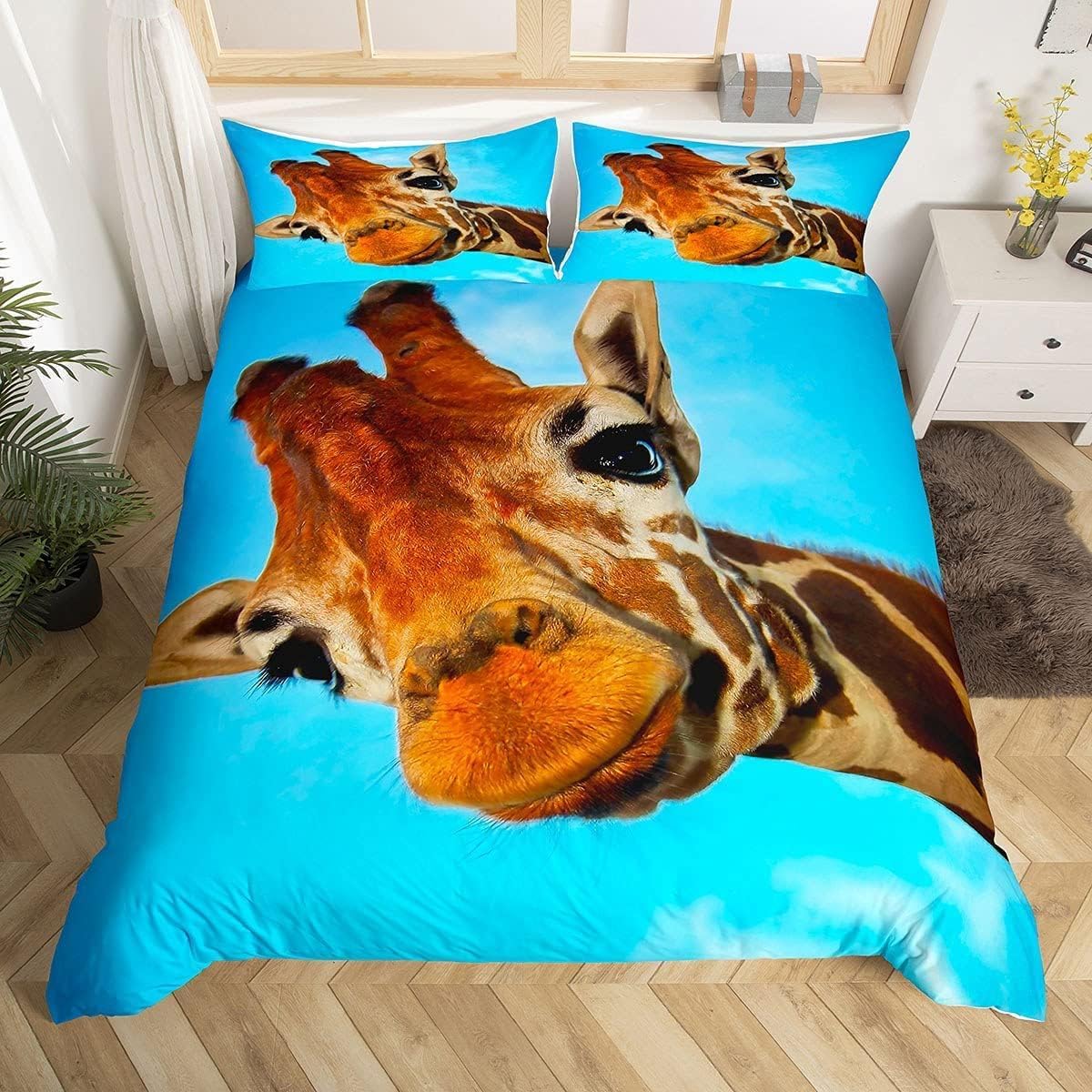Loussiesd Giraffe Duvet Cover Junior/Cot Bed for Girls Boys 3D Safari Wild animals Bedding Set african Wildlife Print Comforter Cover Blue Brown Bedspread Microfiber Quilt Cover Zipper Cute 2 Pcs
