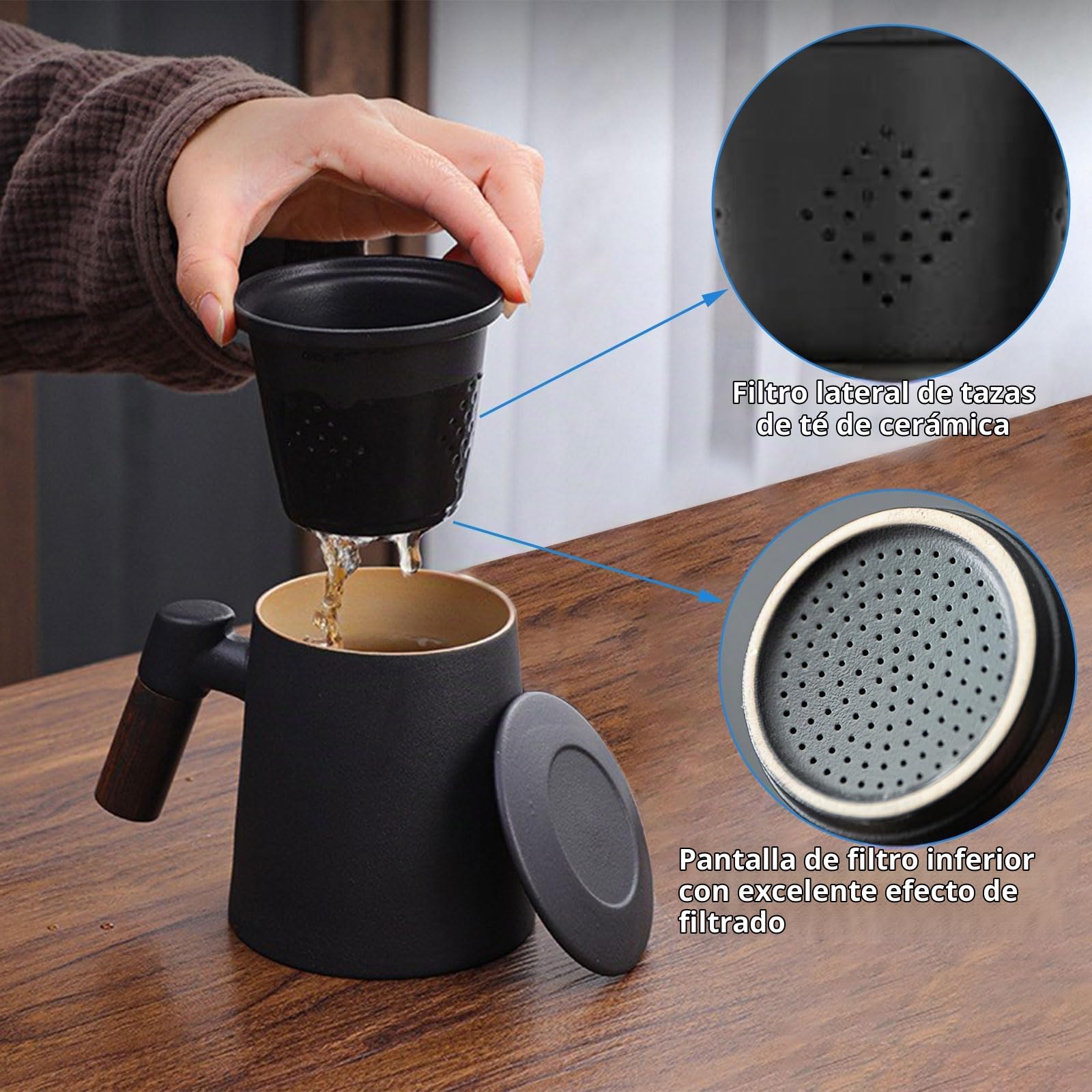 400ml Taza de Té Infusiones Con Tapa y Filtro, Taza Té Cerámica Gran Con Mango Madera y Colador, Ideal para Preparar Café u Hojas deTé, para Uso Familiar, Oficina, Hogar, Aniversario Regalos