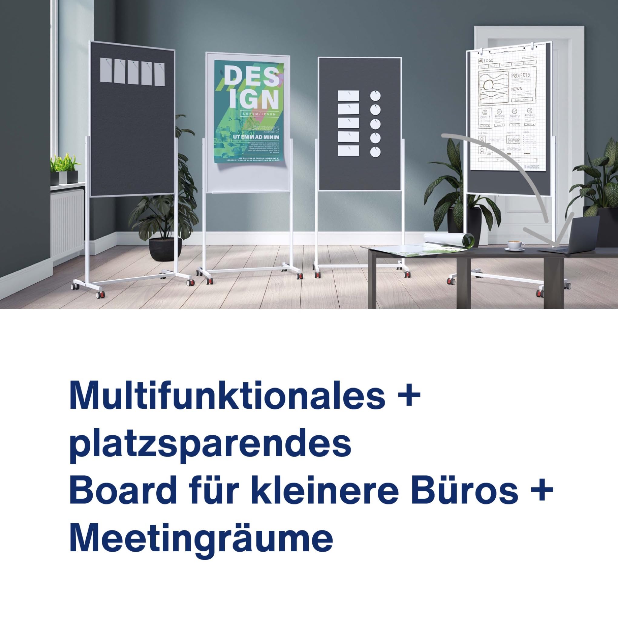 magnetoplan Design-Universalboard, 3in1, Filz grau | Whiteboard + Pinnboard | mobile Moderationswand, Flipchart + Whiteboard | BxH 750x1200mm | Für Agiles Arbeiten | Aluminium Standfüße + Rollen