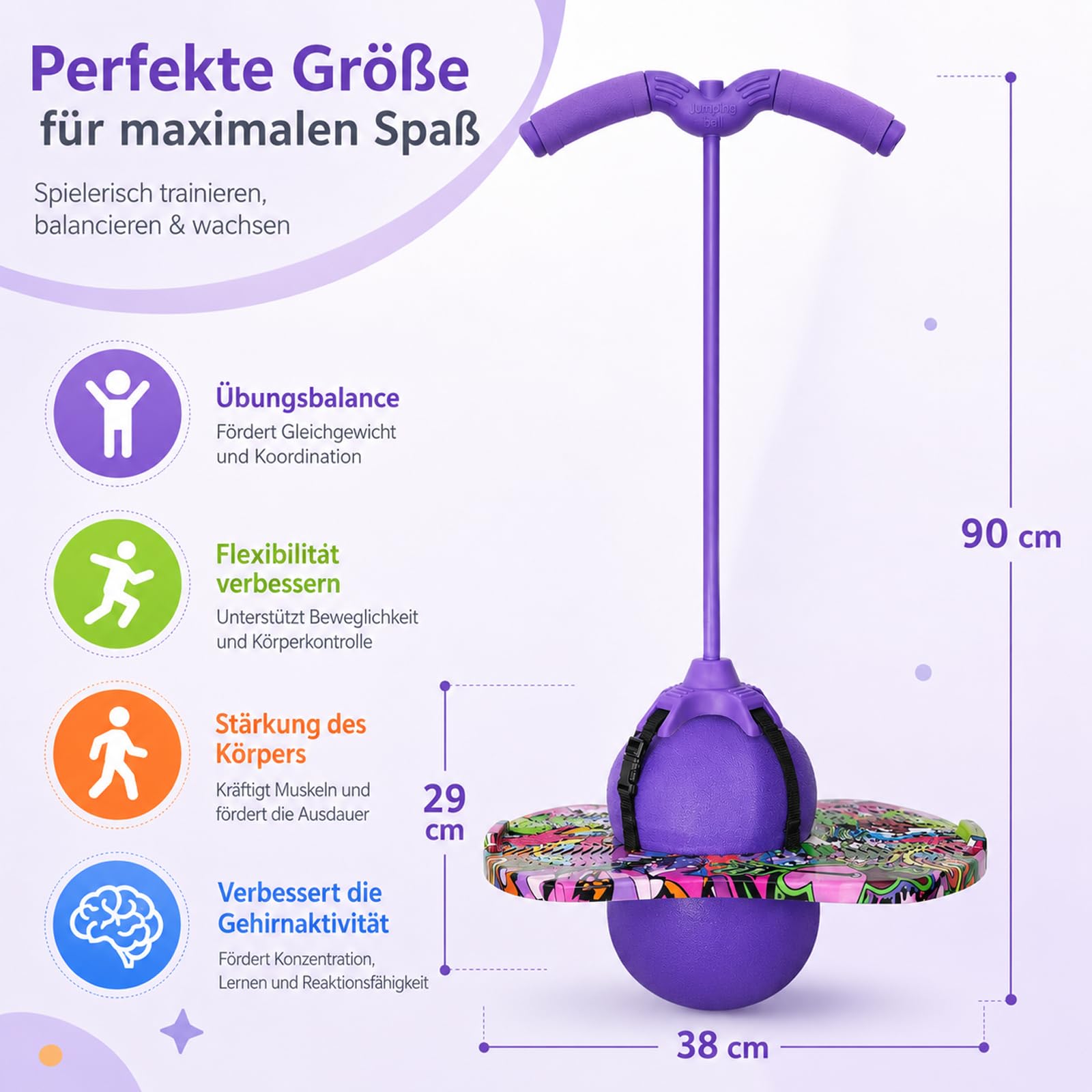 Balance hüpfball, Pogo Sprungball, Pogo Stick für Kinder, Pogo Ball mit Griffen, 90kg Tragkraft, zur Gleichgewichtstraining, Gewichtsreduktion und Fettverbrennung, Geeignet für Kinder (Lila)