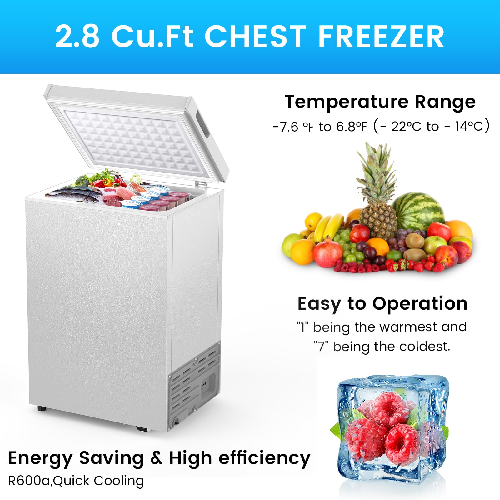 Cowsar Deep Freezer 3.5 Cu.Ft Chest Freezers With 2 Removable Baskets, Top Open Door Compact Congelador, Adjustable 7 Temperature Control For Kitchen, Office, Dorm Apartment, Garage, Commercial on Fridge.com - View 2