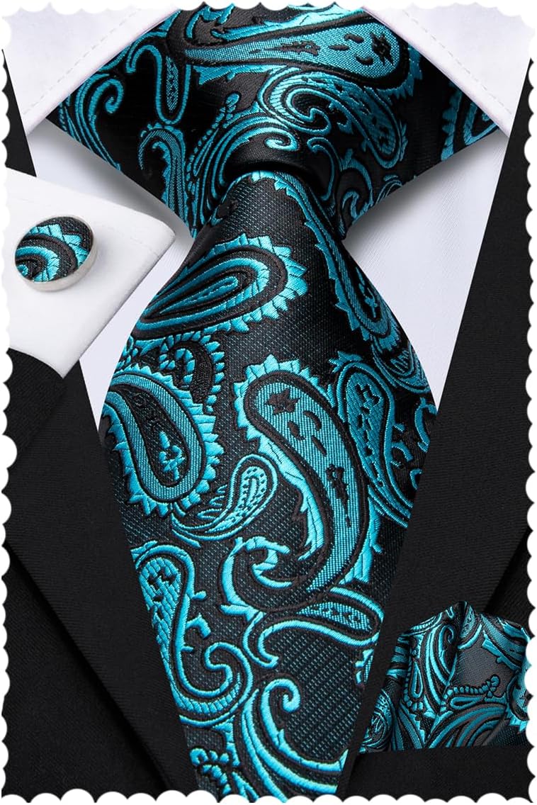 Hi-Tie Silk Paisley Necktie and Pocket Square Cufflinks Set, Teal, Medium