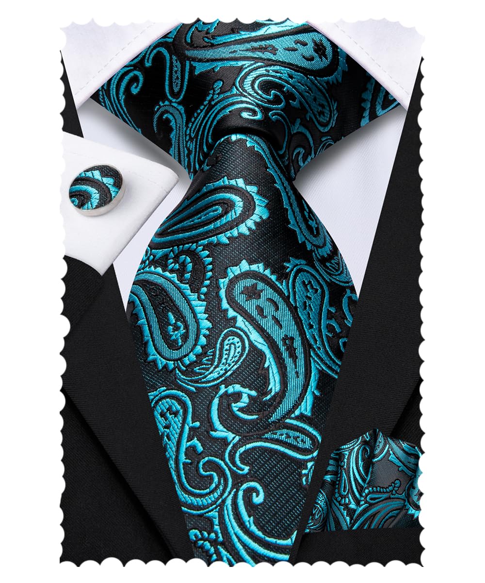 Hi-TieSilk Paisley Necktie and Pocket Square Cufflinks Set, Teal, Medium