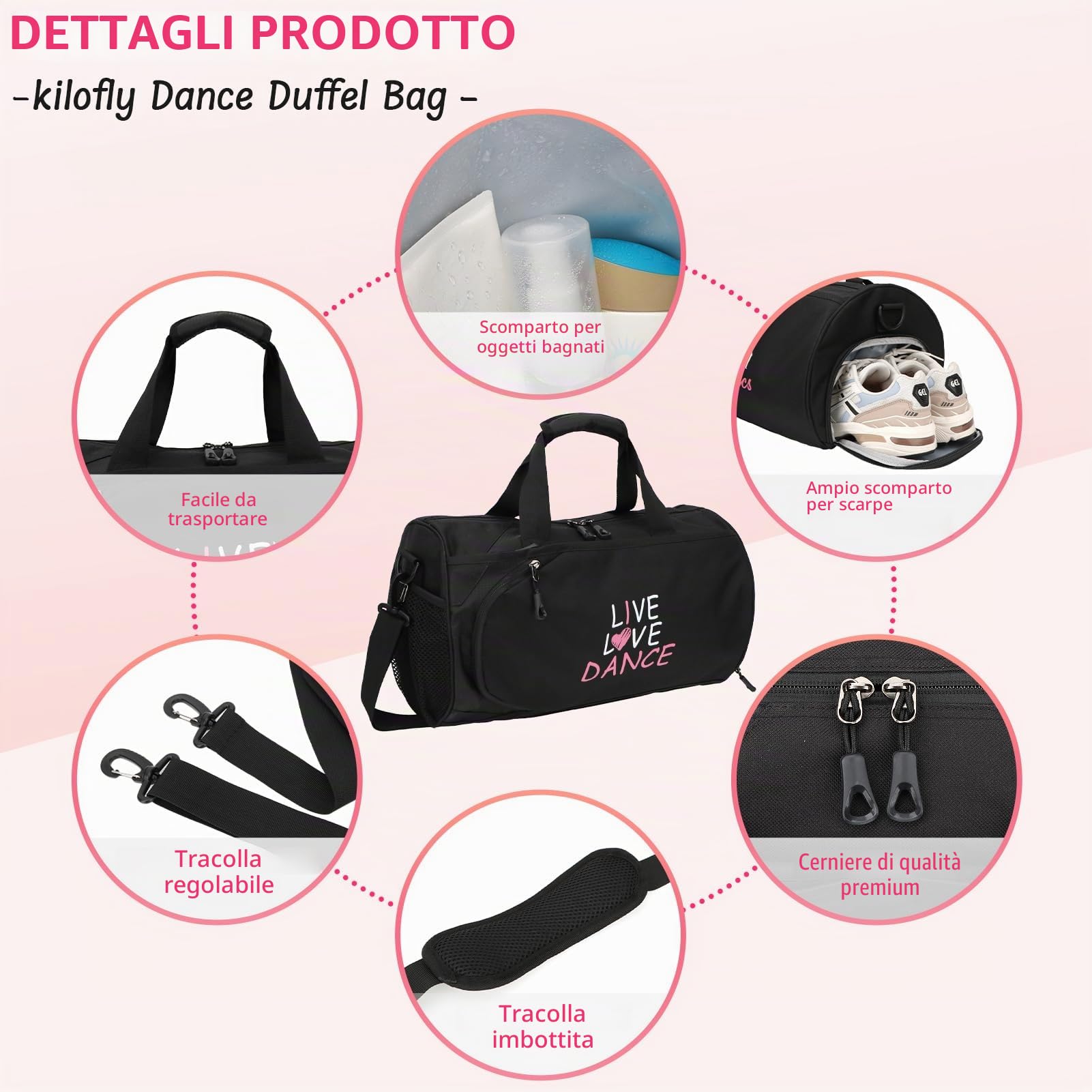 kilofly Borsone da donna, per danza, sport, palestra, borsa a tracolla da viaggio