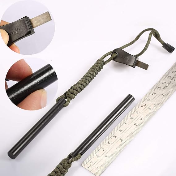 4 Inch Survival Ferrocerium Drilled Flint Fire Starter, Ferro Rod Kit with Paracord Landyard Handle and Striker, 4(Long) x 3/8(Diameter)