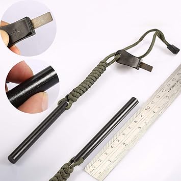 4 Inch Survival Ferrocerium Drilled Flint Fire Starter, Ferro Rod Kit with Paracord Landyard Handle and Striker, 4(Long) x 3/8(Diameter)