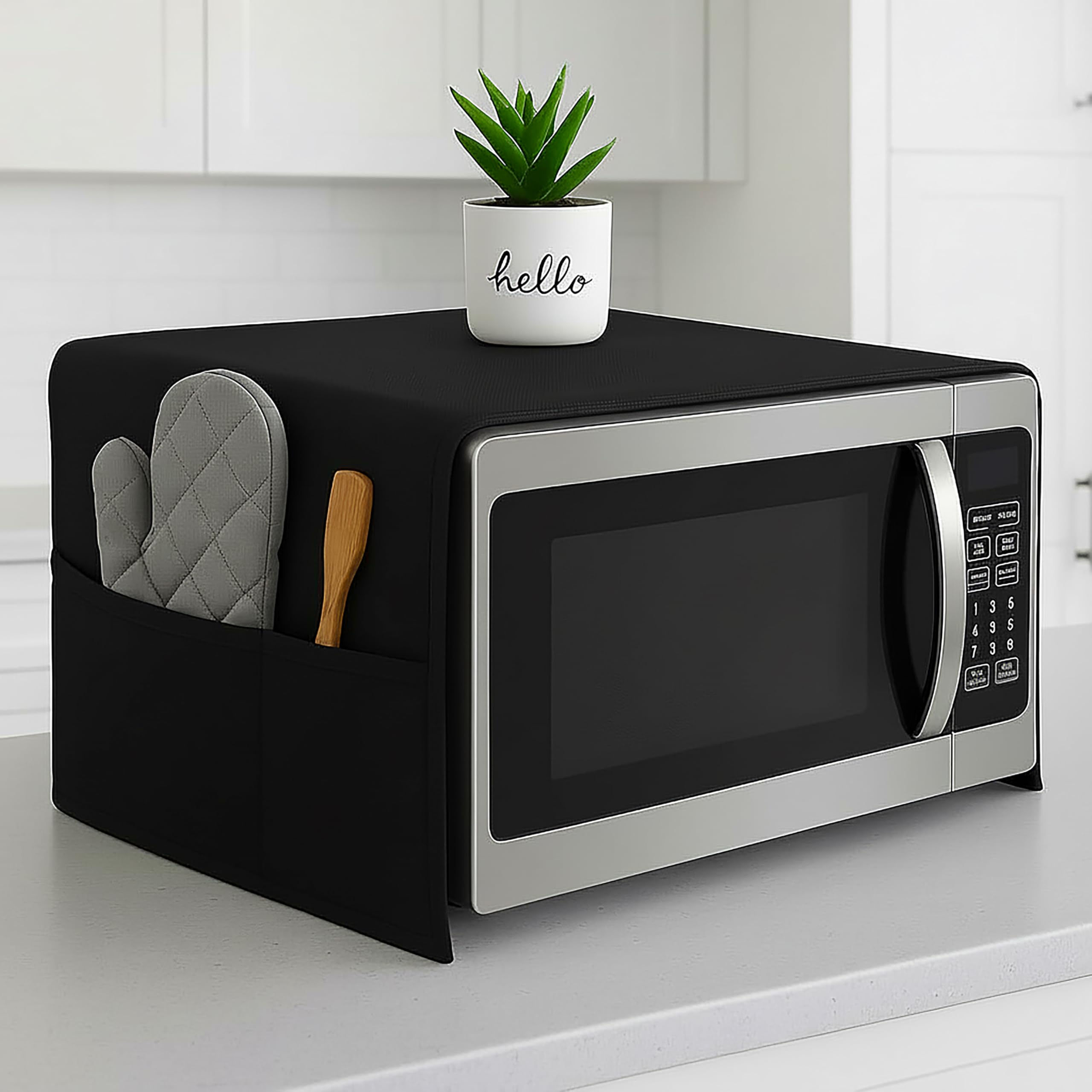 Fancy Walas Microwave Oven Cover & Top Cover for Kitchen Decor Durable Dustproof Waterproof Microwave Cover, Oven Cover, Modern Design with 4 Side Pockets for Kitchen Accessories - Black (100 x 35 cm)