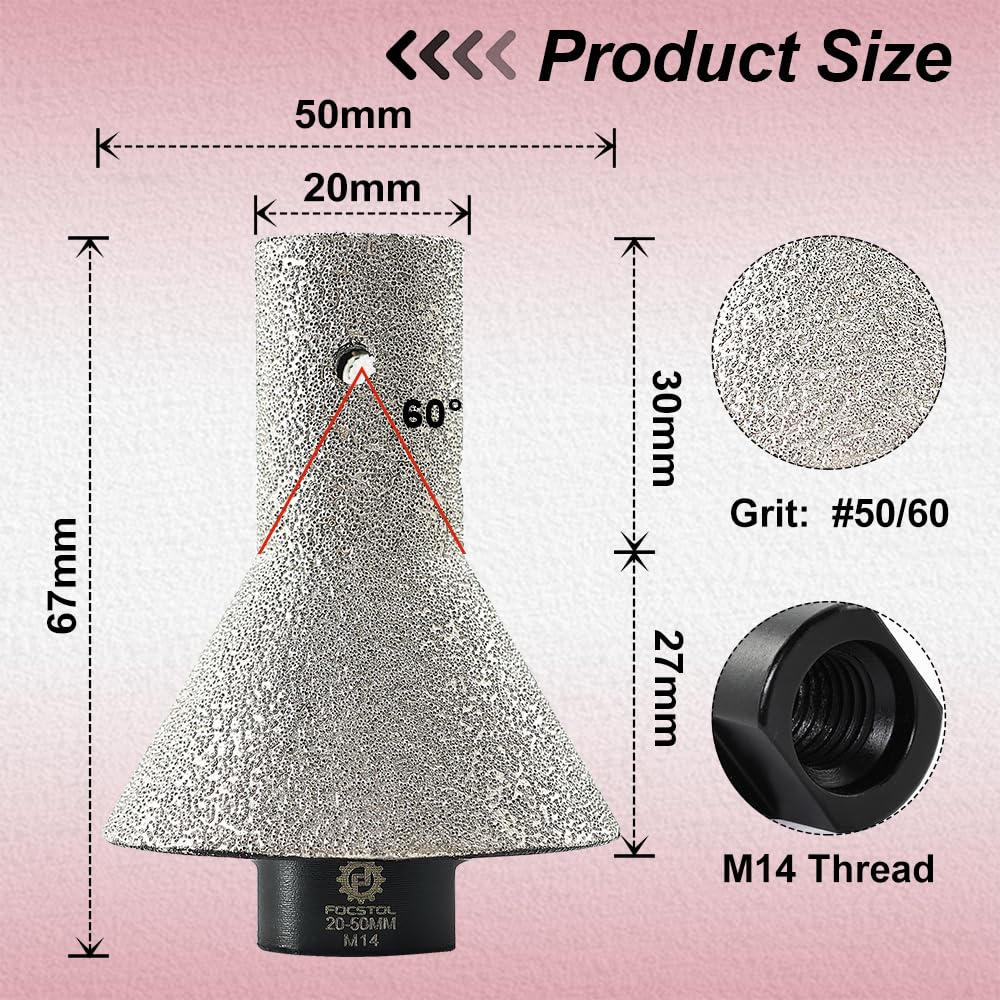 FOCSTOL Fresa Diamantata - 20-50mm Punte per Smusso Diamantata per Piastrelle Porcellanato Ceramica Marmo Granito M14 Filettatura