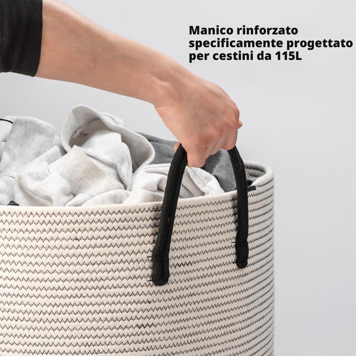 Cesto extra large in corda di cotone con coperchio, 53,3 cm x 45,7 cm (larghezza x altezza), cesto portaoggetti rigido spesso per soggiorno, grande cesto portaoggetti in tessuto, 115 l, nero