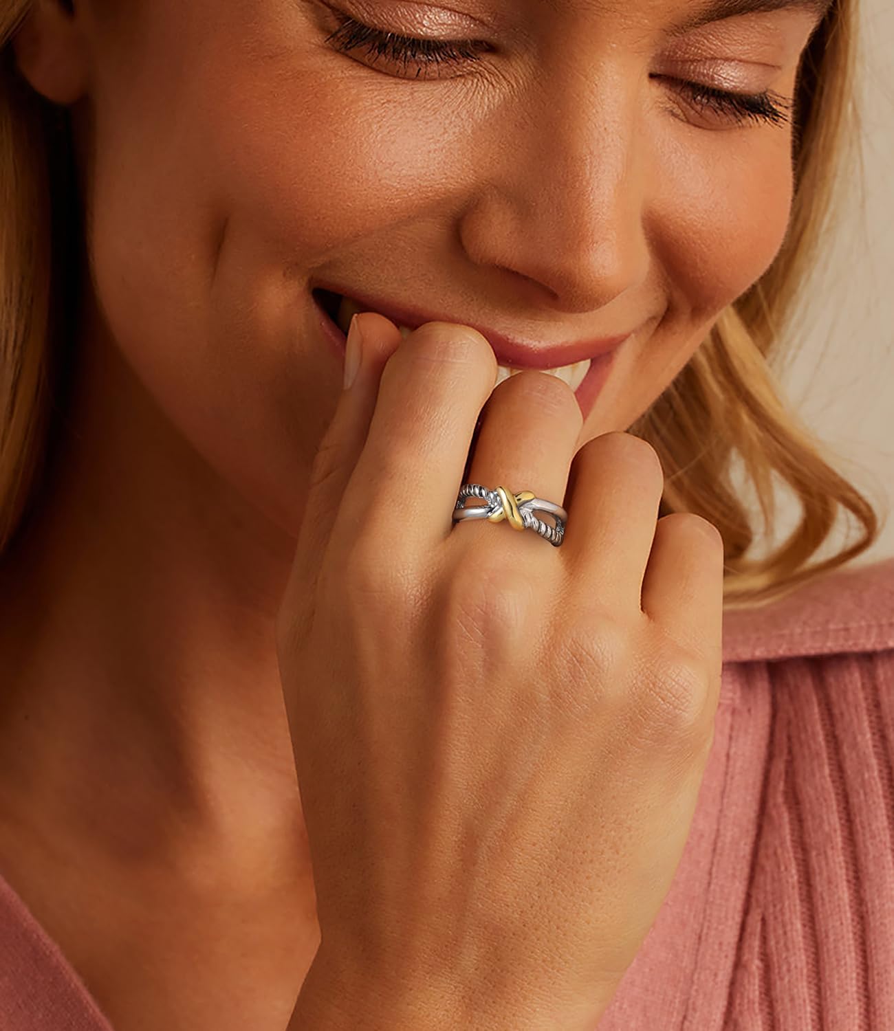 Two Tone Rings for Women Cross Twisted Ring Cable Wire Fashion Statement Rings Jewelry Gift - Image 2