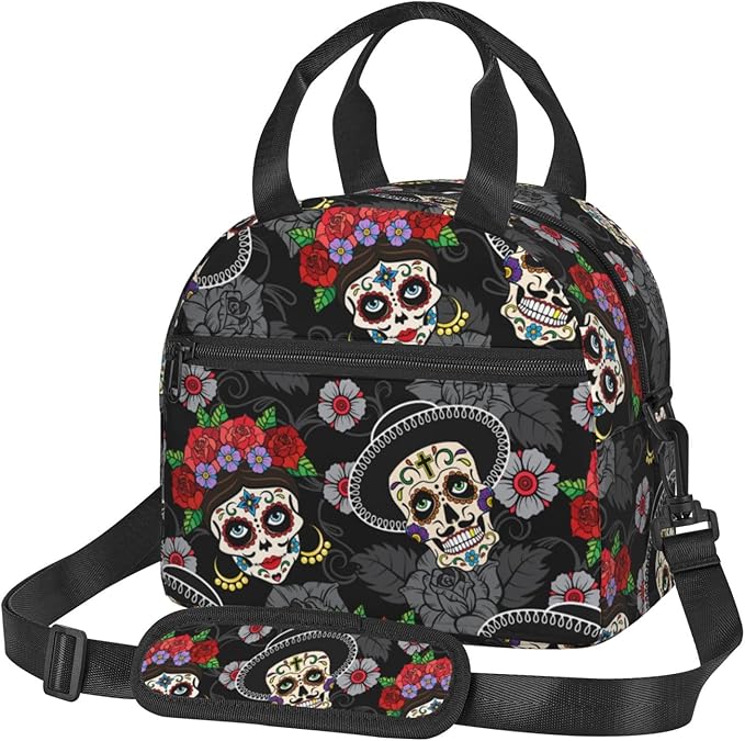 Perinsto Sugar Skulls Day Of The Dead Lunch Bag Reusable Insulated Lunch Tote Bag Lunchbox Container With Adjustable Shoulder Strap For Office Work School Picnic Travel