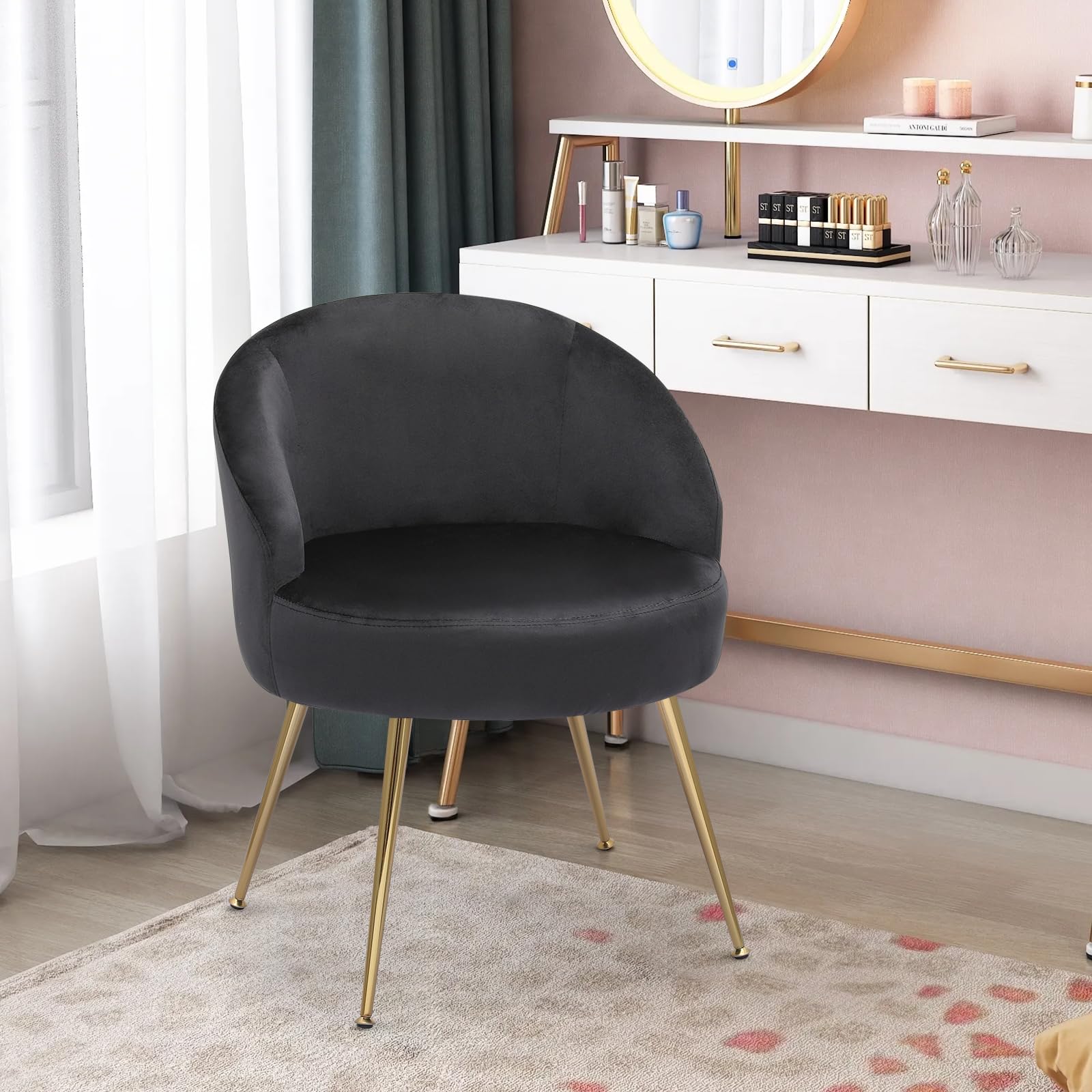 Amazon.com: Magshion Black Vanity Chair No Wheels, Vanity Chair with Back and Metal Legs Velvet ...