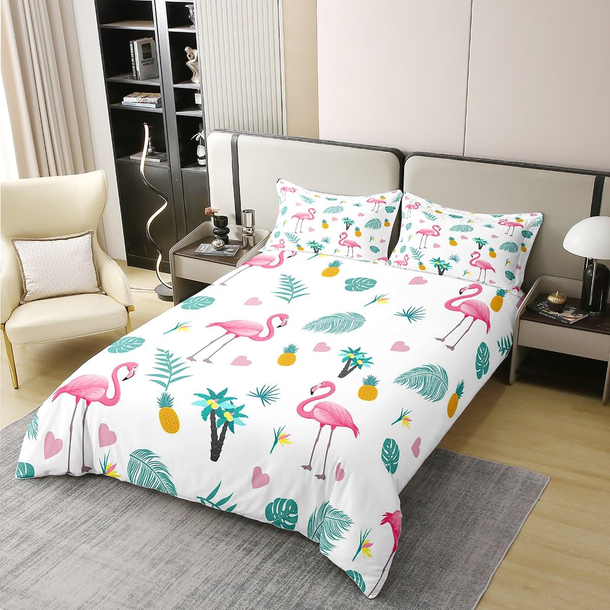 Loussiesd Bettwäsche Tropisch Flamingo Blätter Bettbezug Set Tropisch Flamingo Blätter Bettwäsche 135x200cm 100% Baumwolle mit 1 Kissenbezug Reißverschluss