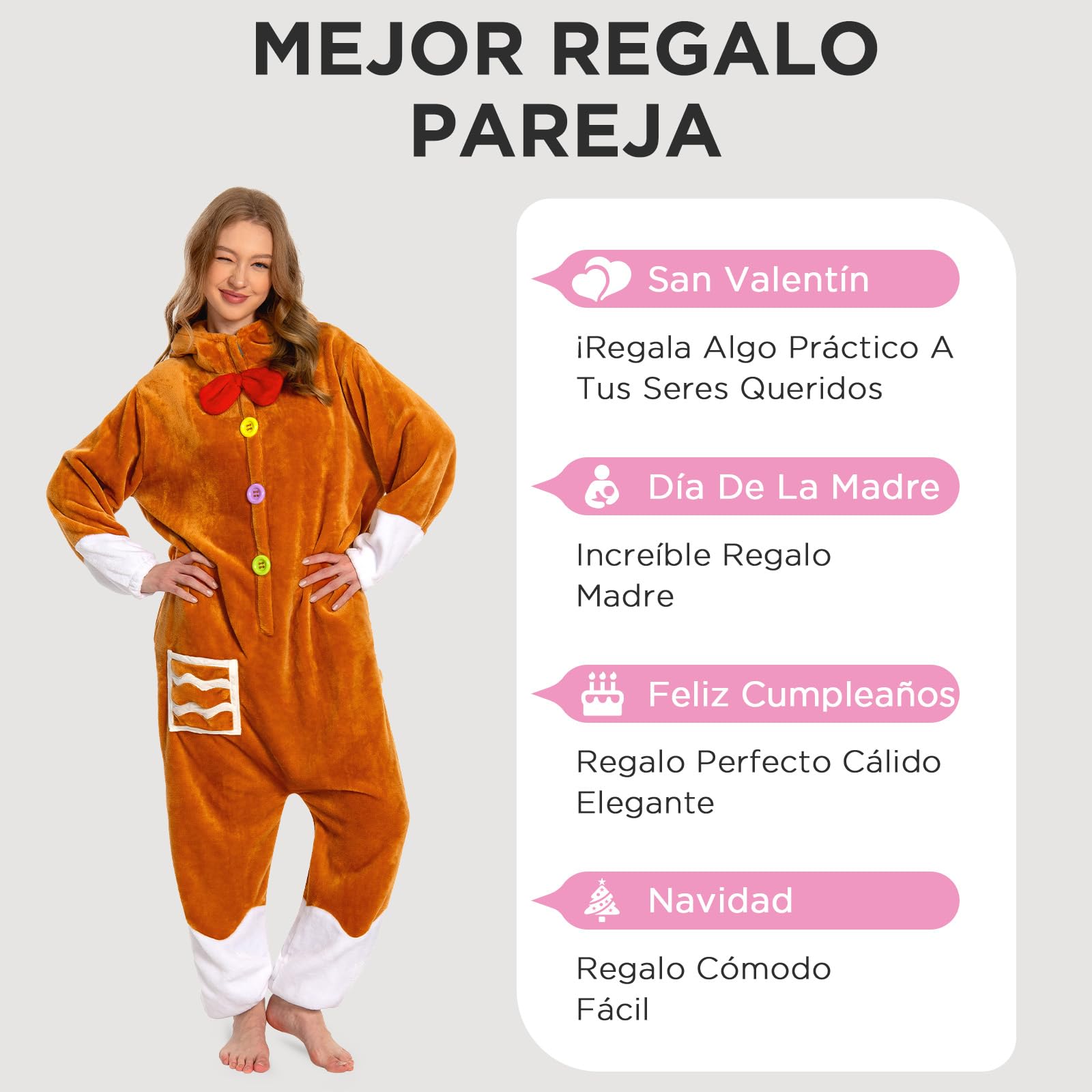 OLAOLA Pijama Entero Adulto Reno Pan de Jengibre Navideño, Felpa Suave Unisex para Carnaval, Navidad, Halloween