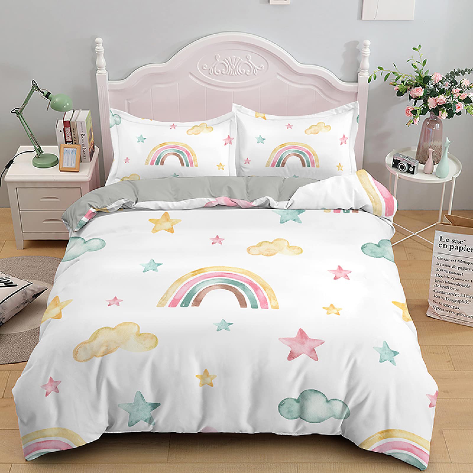 Funda Nordica Cama 105 Arcoiris Blanco Edredon Cama para Niñas Niños con Cremallera Suave y cómodo Microfibra Fundas Nordicas 180x220 cm + 2 Fundas de Almohada 50x80 cm