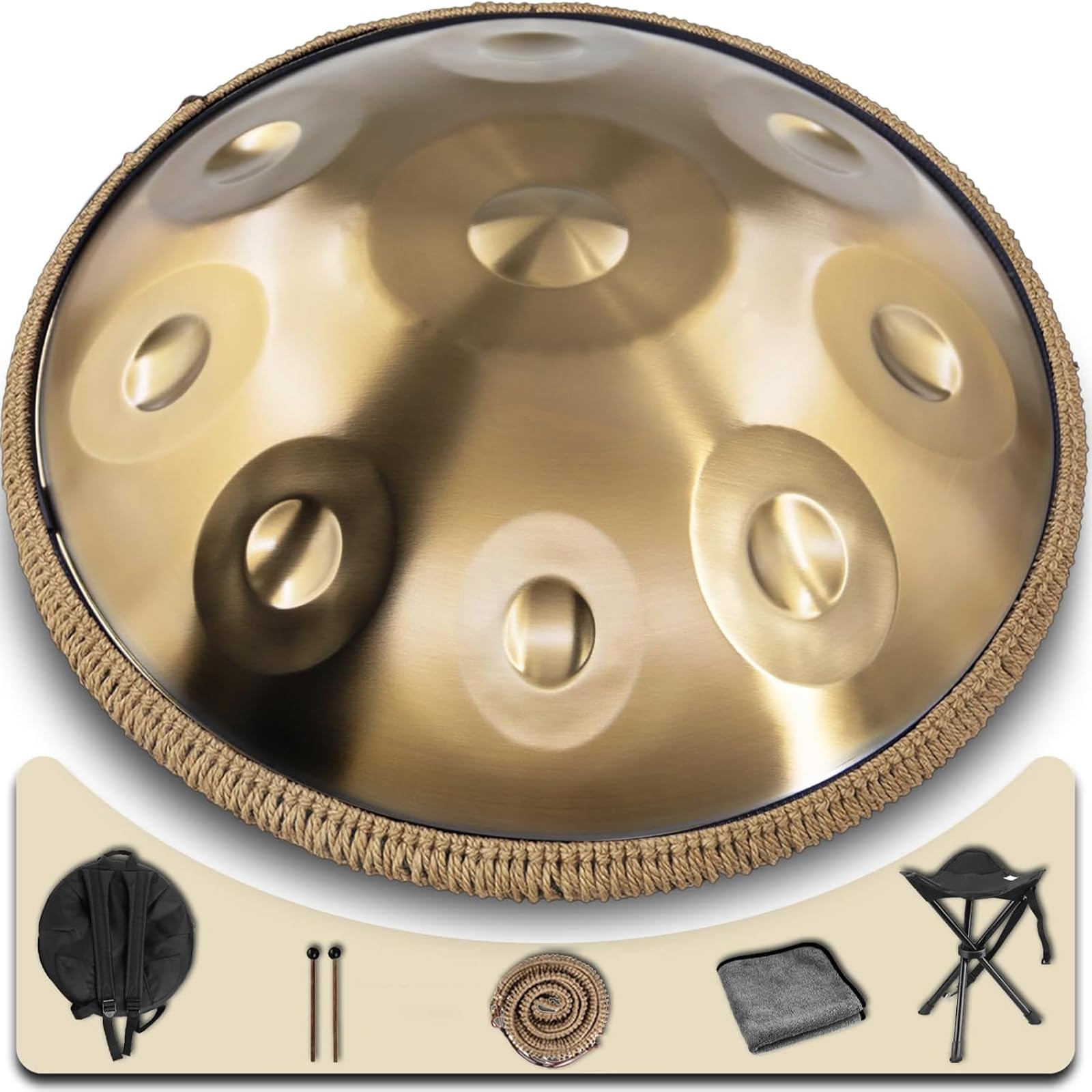 Handpan Anfänger,Stahltrommel 9 Töne 18 Zoll,Stahlzungentrommel Regen,Percussion Instrumente,Hand Drum mit Drumtasche und Handpan-Halter,Steel Drum als Geschenk für Sound Healing, Meditation, Gold