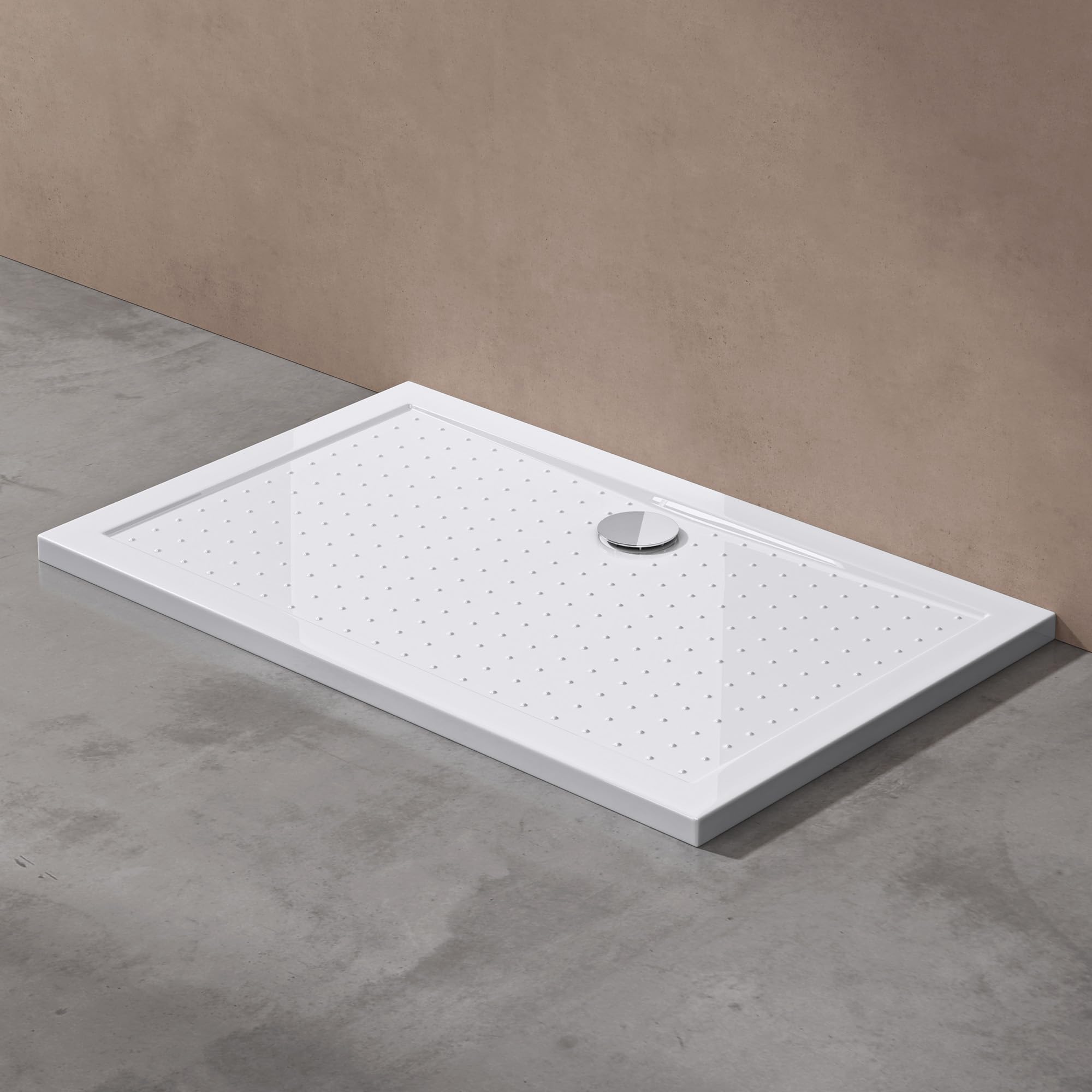 doporro Plato de Ducha Rectangular Antideslizante 70x120x4 cm – Acrílico Blanco, Conexiones DIN, Instalación a Ras de Suelo – Lucia02
