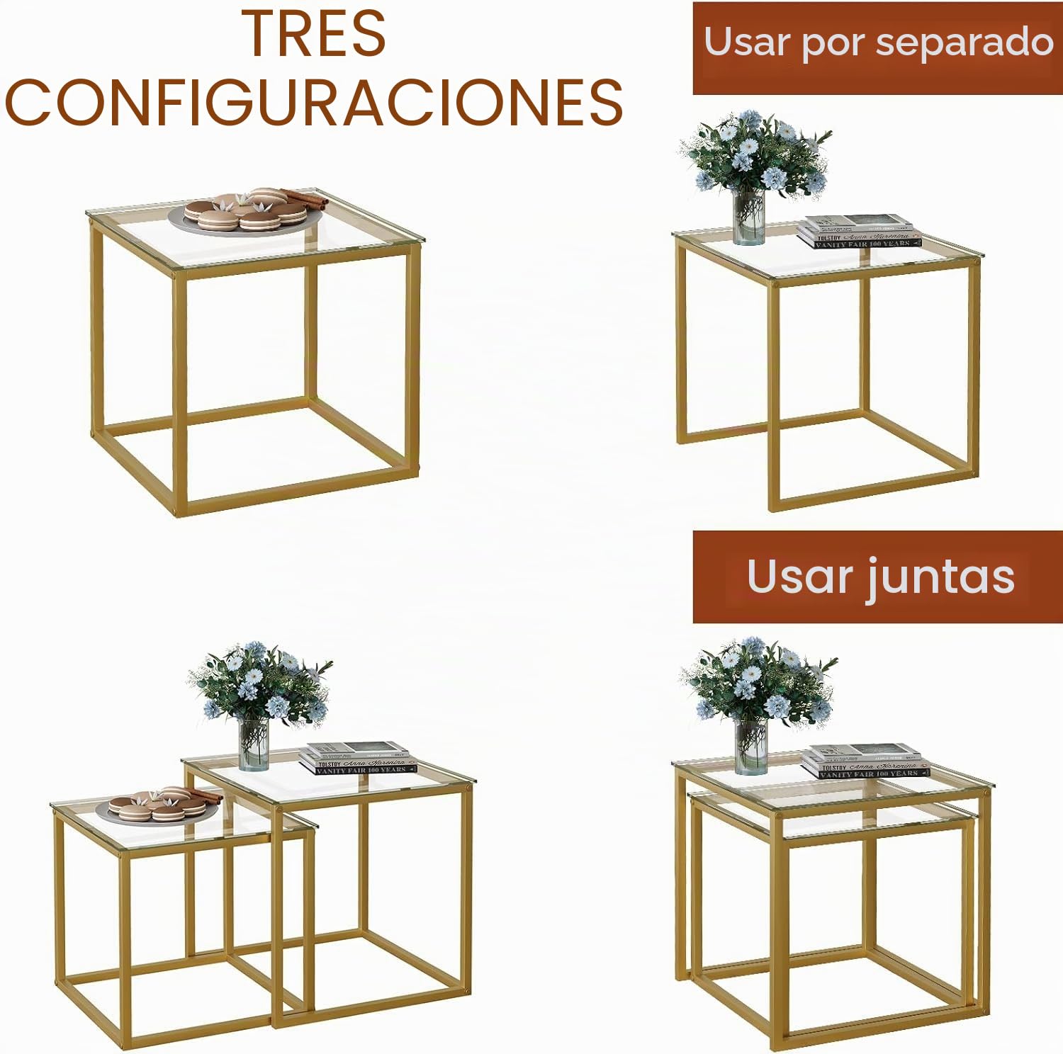 Huhote Juego de 2 mesas auxiliares, mesas auxiliares, mesa auxiliar con marco de metal para salón, dormitorio, balcón, oficina, apartamento, diámetro 50/45 cm (marco dorado, tapa de cristal)