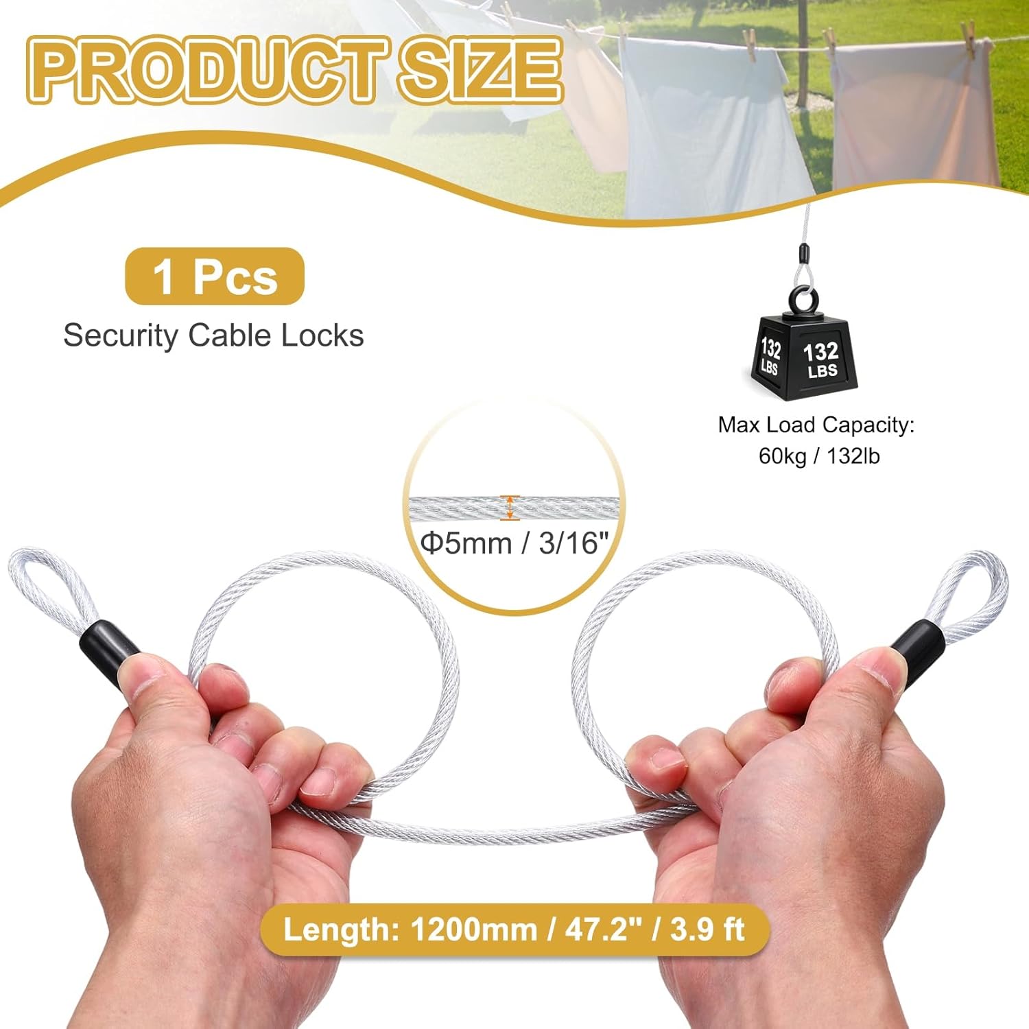 PATIKIL Security Cable Lock (3/16" Dia 3.9ft 132lb Load Capacity, Silver) Vinyl Coated Stainless Steel Double Loops Flexible Wire Rope Safety Cable Luggage Lock Suit for - Outdoor