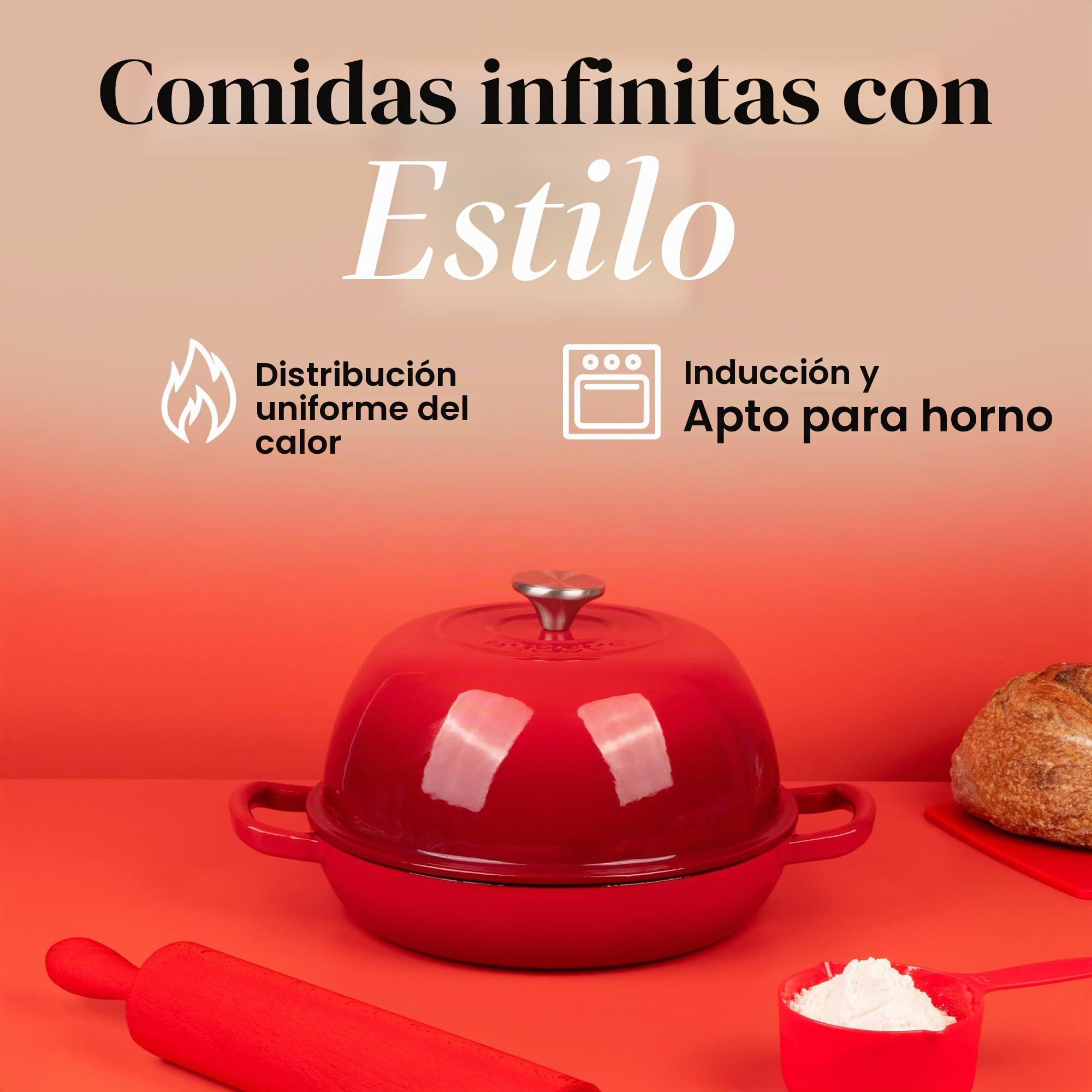 Olla Holandesa de Hierro Fundido Esmaltado – Cazuela para Hornear Pan de Masa Madre – Olla de Pan – Rojo, 5.7L, 22cm – by Nuovva