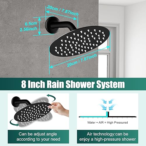 Miniatura 3 de Juego de grifo de ducha, cabezal de ducha y mango, cabezal de ducha redondo de 8 pulgadas, sistema de ducha de lluvia para baño, montaje en pared,