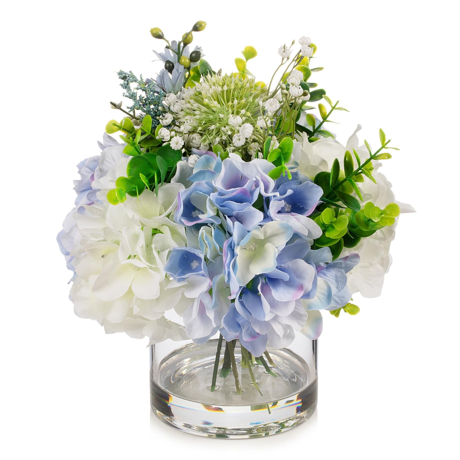 ENOVA FLORAL Artificial Hydrangea Flowers in Vase, Mixed White and Blue Silk Hydrangea in Vase with Faux Water for Dining Table Centerpieces, Home Decor Indoor (FL-159-BlueCream)