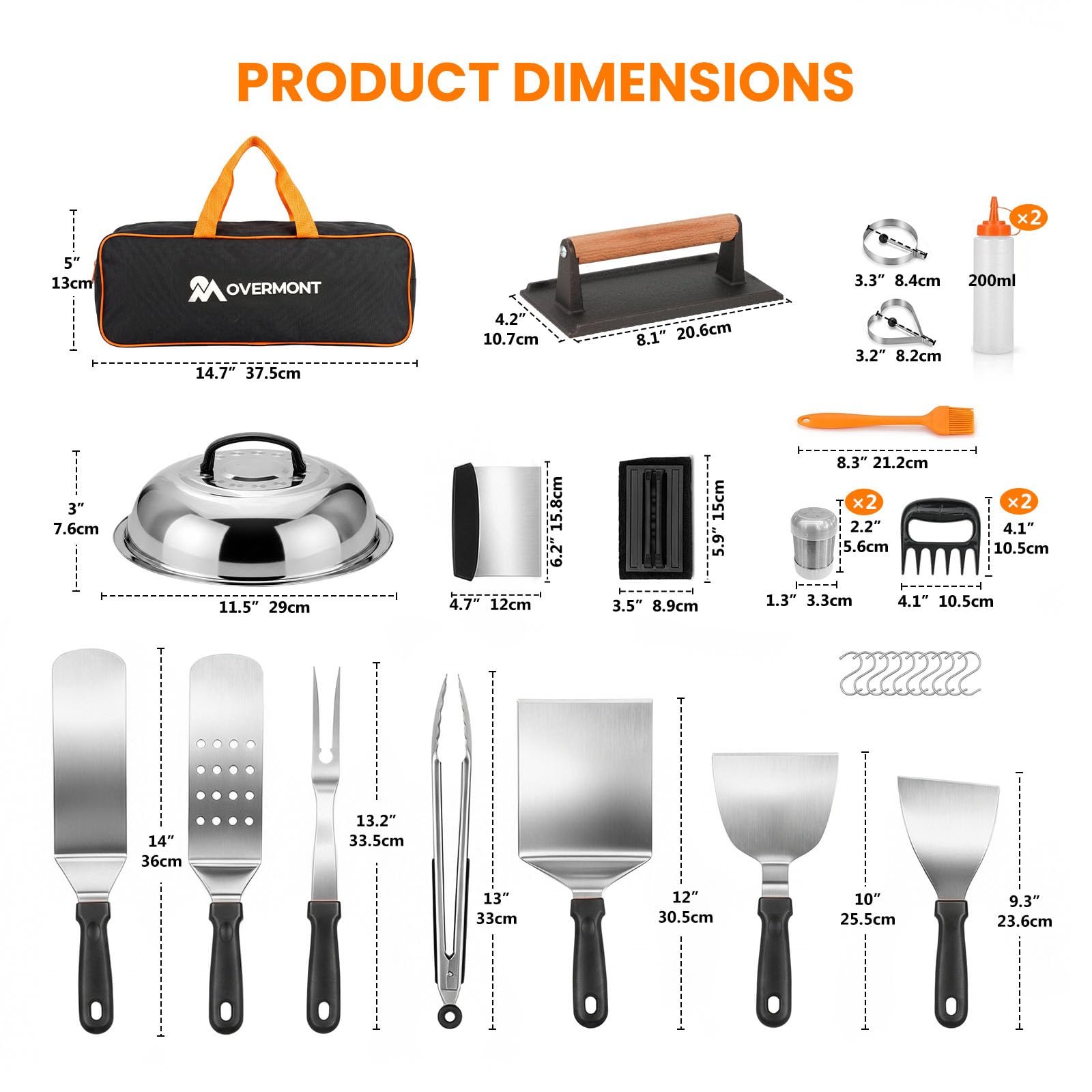 OVERMONT Grillbesteck Set 31-teilig Edelstahl Grillspachtel - Smash Burger Geschenkset mit Grillspachtel Burgerpresse - für Indoor und Outdoor Küche BBQ
