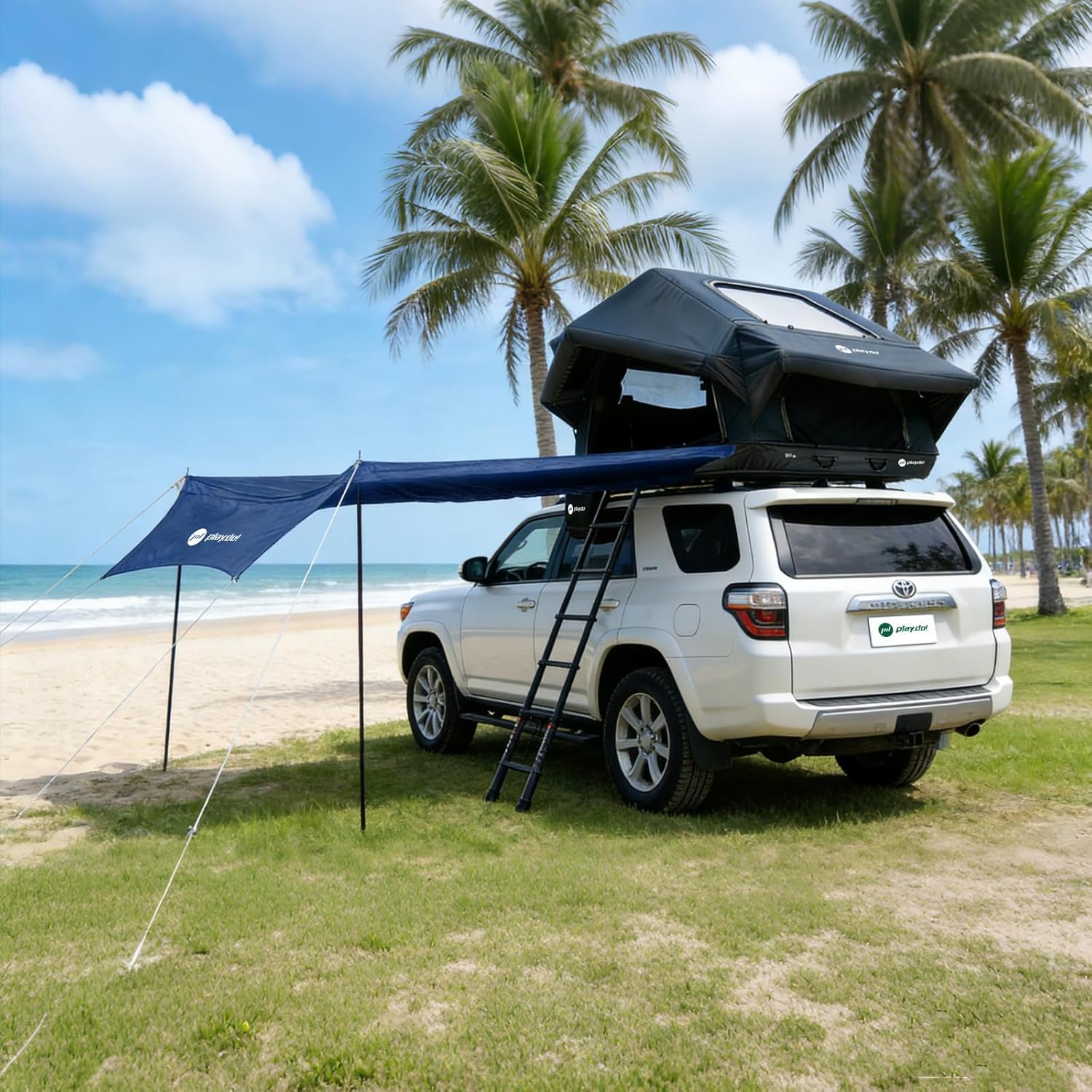 TentHome Tente de Toit pour Voiture 2-3 Places Imperméable, Tente de Camping Faciles à Installer, Tente Gonflable en Coton et Polyester pour SUV Van Fourgon Camion (avec Auvent)
