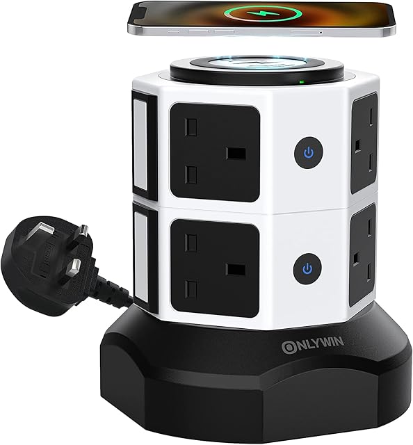 Extension Lead with 15W Wireless Charging, 13A 3250W Multi Plug Tower [8 AC Outlets + 4 USB Ports] 1050J Surge Protection, Individual Switches, 2M Retractable Extension Cord, White Black