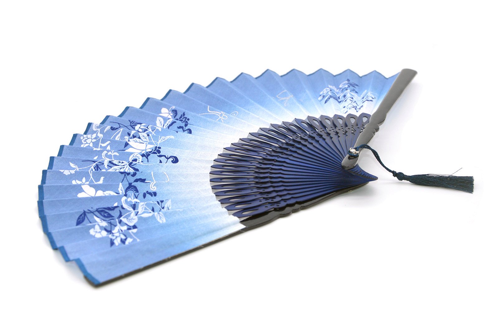 Ventaglio in seta e bambù, con farfalle e fiori, sacchetto in seta e confezione regalo, Blue