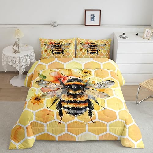 Lindo juego de ropa de cama de abeja de miel, tamaño matrimonial, juego de edredón con estampado de panal de abeja, relleno de edredón geométrico