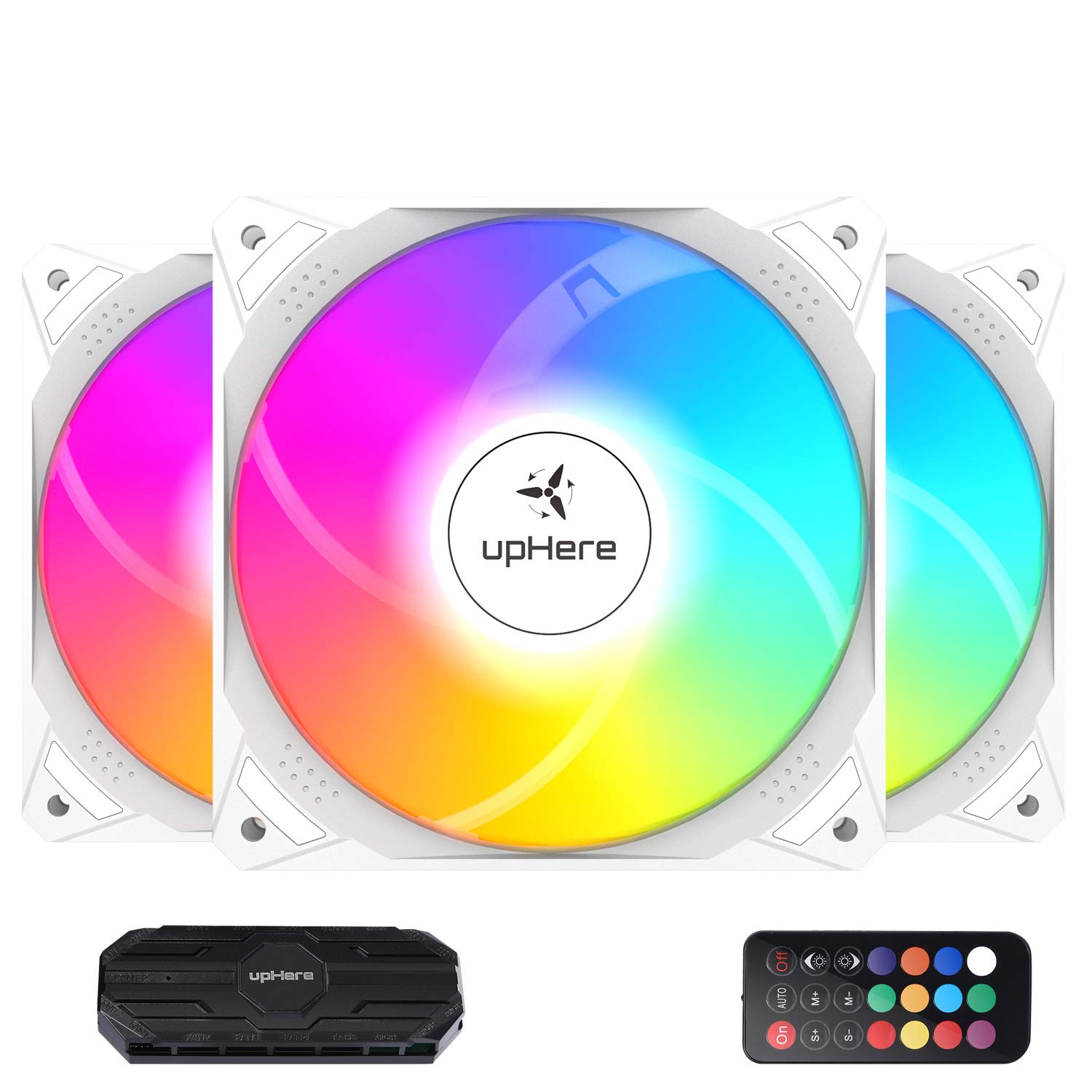 upHere 120mm White Computer Case Fan,Motherboard Sync Fan,High Airflow,Speed Adjustable, ARGB Fan with Hub and Remote,Low Noise Hydraulic Bearing Long