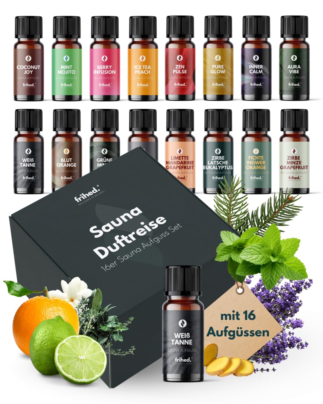 frihed.® Saunaaufguss Duftreise Probierpaket - Hochkonzentrierte Öle - 16x verschiedene Düfte - Geschenkset Sauna - 10ml Glasflaschen - Made in Lüneburg