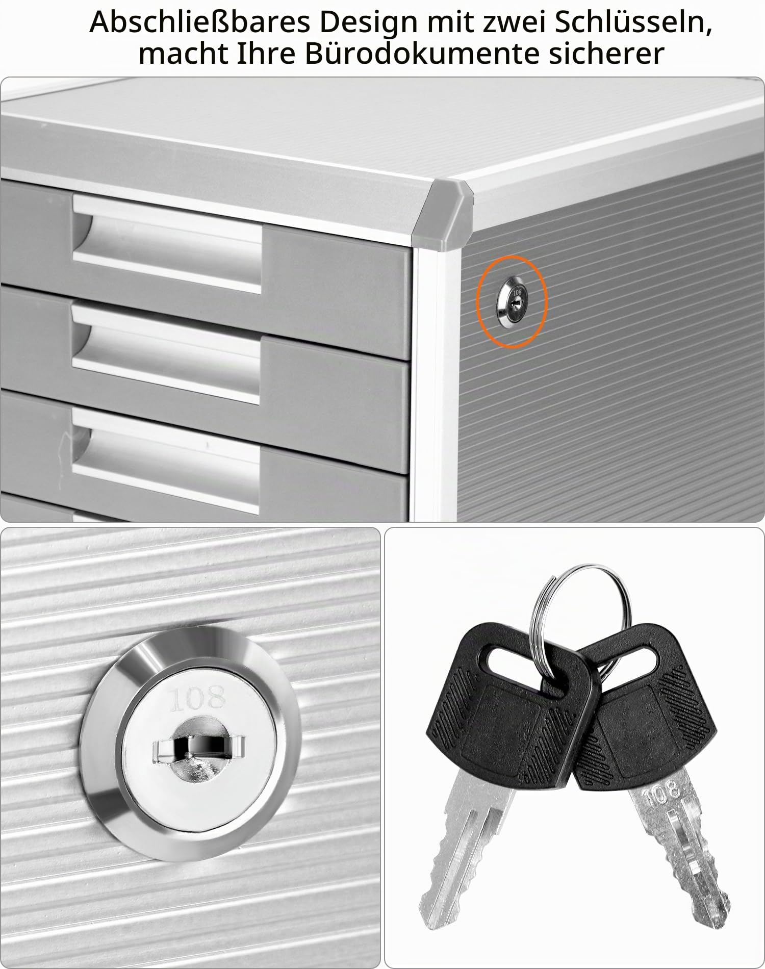 QWORK® Schubladenbox A4, 5 Fächer, Mit Schloss, Aluminiumlegierung, Silber