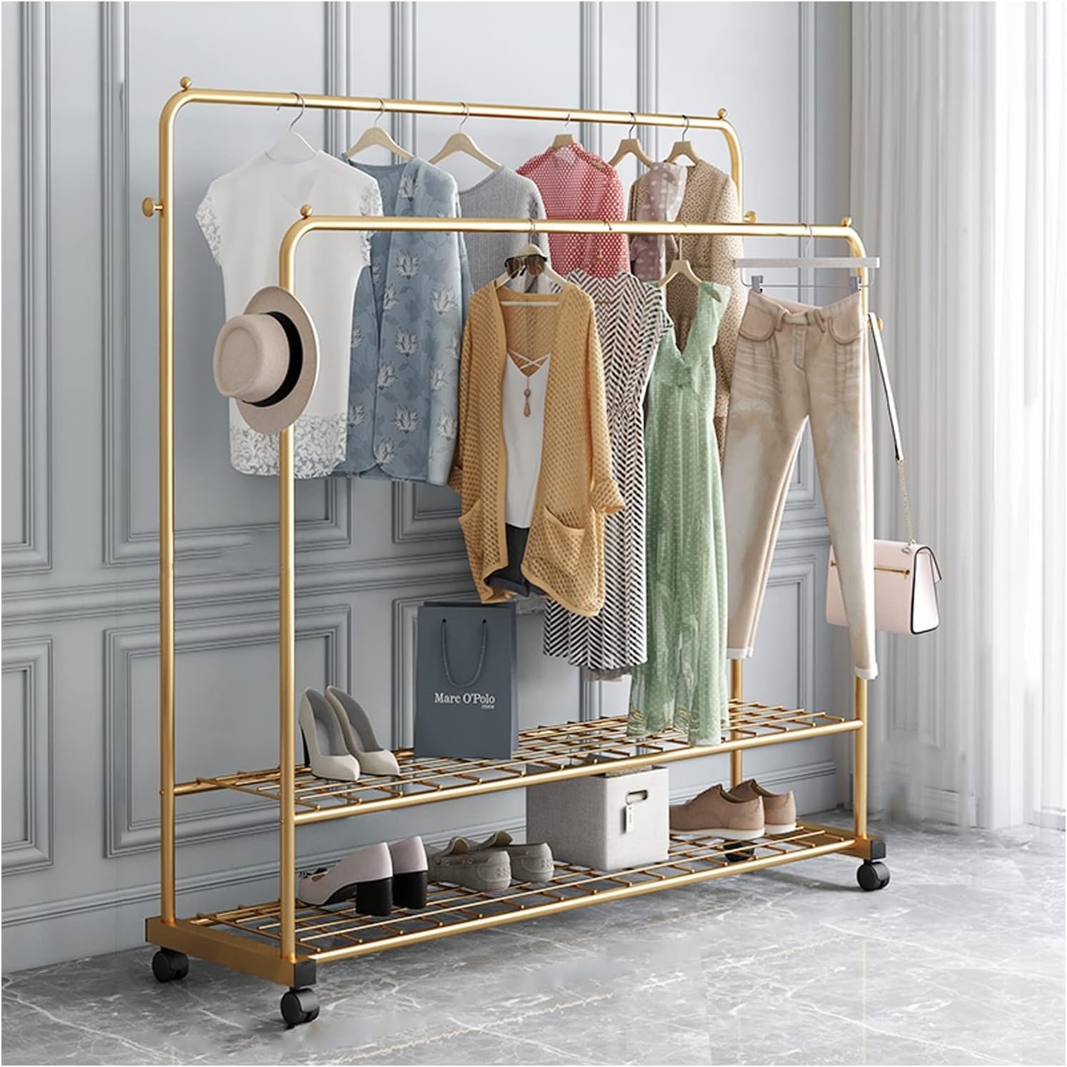 Heavy Duty Double Clothes Rail - Freestanding Garment Hanger with 2-Tier Shelves & 4 Castors, Ideal for Coats, Dresses, Shirts - Portable Clothing Rack for Home & Retail Use