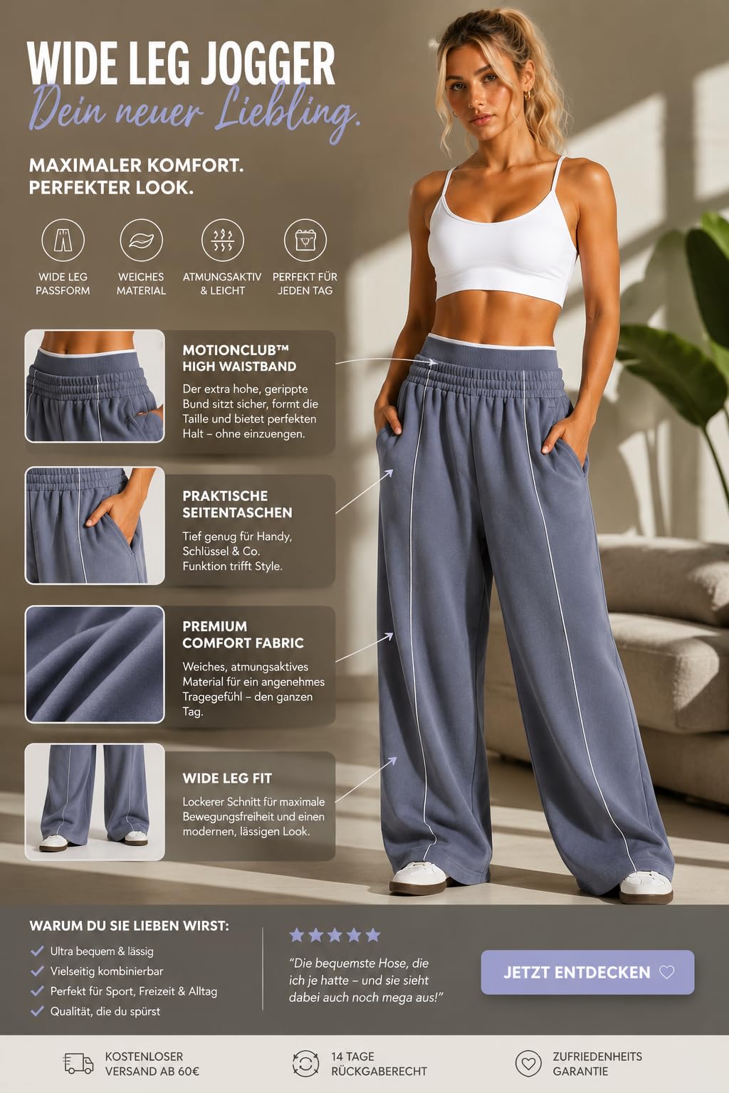 MotionClub x Teveho Wide Leg Jogger Damen High Waist Jogginghose Oversize Sweatpants Loungehose Freizeithose Fitnesshose mit Taschen Sommer Athleisure Streetwear Loose Fit
