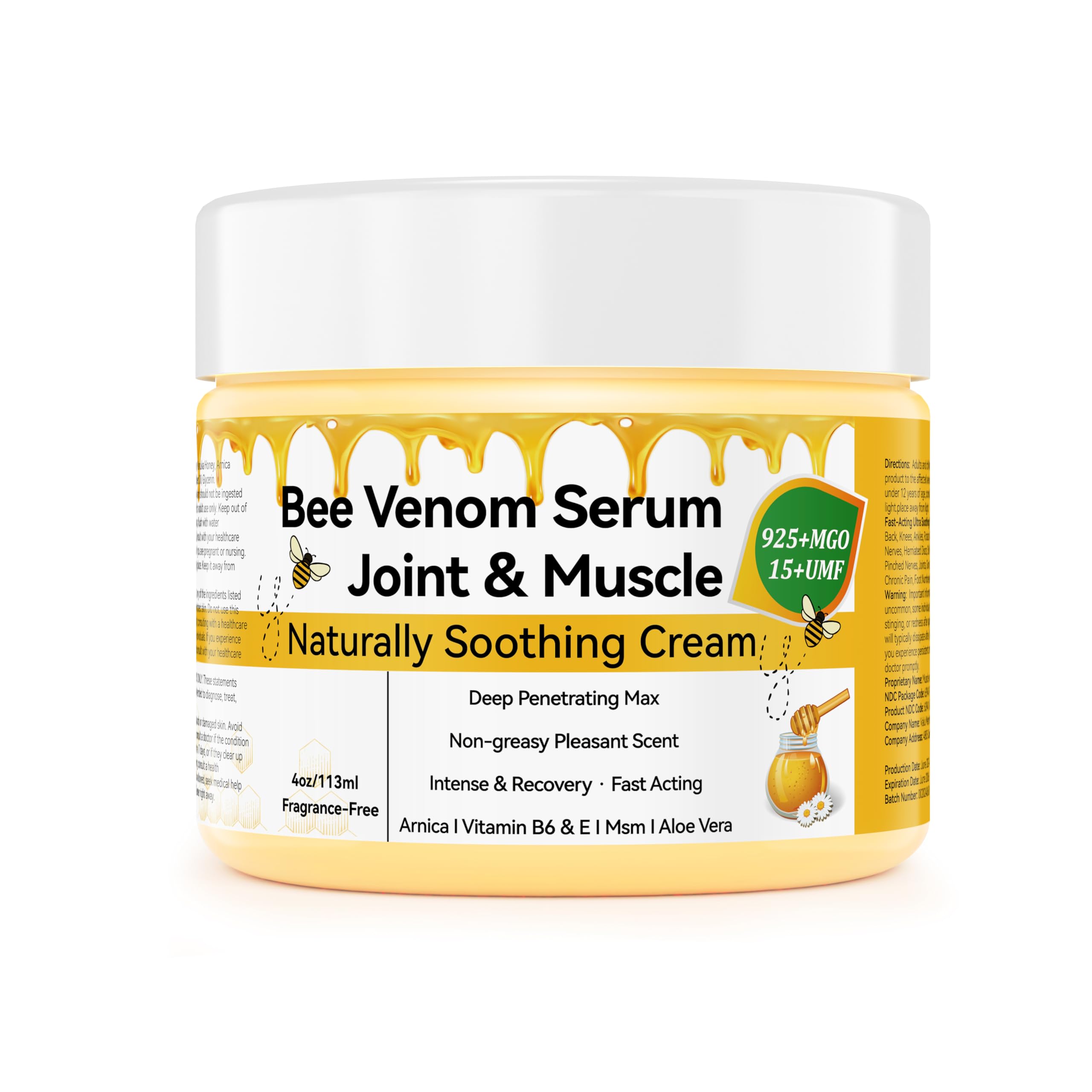 2OZ 1PCS Bee Venom Joint & Muscle & Bone Max Cream, Fast Acting, for Back, Neck, Hand, Feet, Knee, Muscle, Shoulder, Topical, Wrist, Elbow, Hip, Nerve, Plantar, Ankle, Foot, Arnica, Vitamin B6, MSM