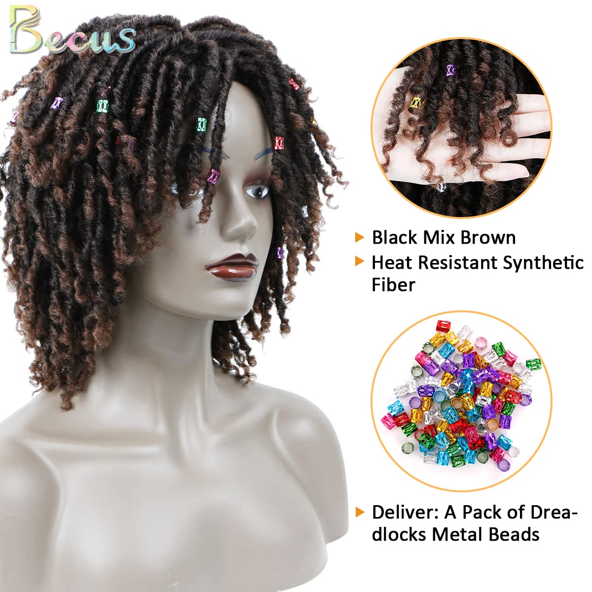 BECUS Perruque Dreadlock Femme Afro Synthétique Marron Style Naturel Usage Quotidien Fêtes