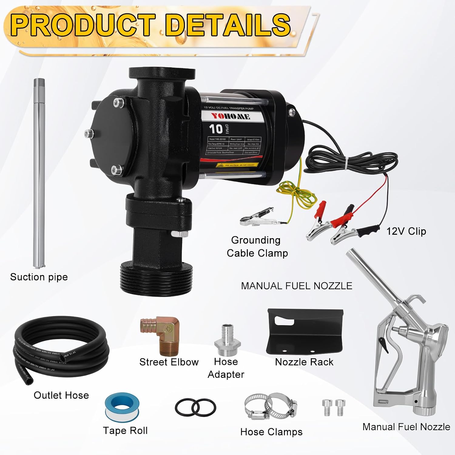 12V 10 GPM Fuel Transfer Pump with Discharge Hose & Manual Nozzle, Gasoline, Diesel, Kerosene & Biodiesel
