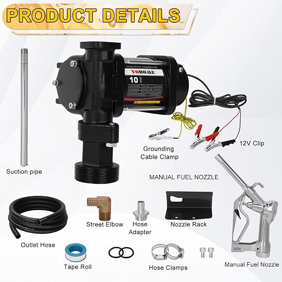 12V 10 GPM Fuel Transfer Pump with Discharge Hose & Manual Nozzle, Gasoline, Diesel, Kerosene & Biodiesel