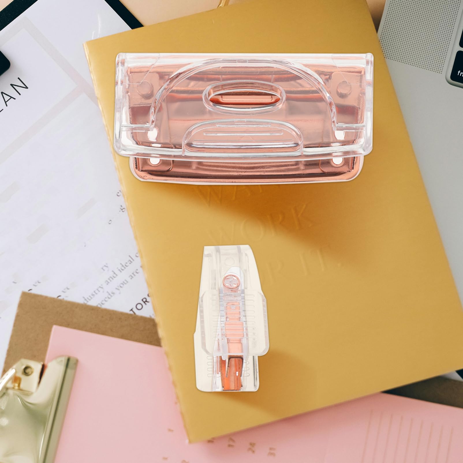 Lurrose 5 Sätze Transparentes Rosegoldenes Heftgerät Locher Tragbarer Heftklammerentferner Elegante Büroaccessoires für Effizientes Arbeiten
