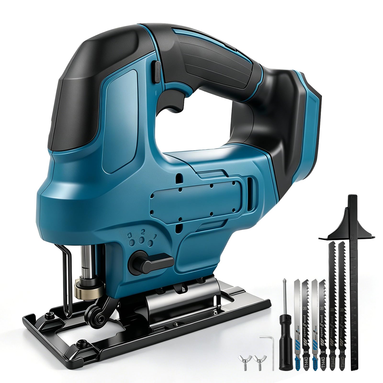 Sierra de calar con batería para Makita de 18 V, sin escobillas, sierra excéntrica eléctrica con luz LED, regulación de velocidad continua, ángulo de corte de inglete de ±45°, 6 hojas de vástago en T